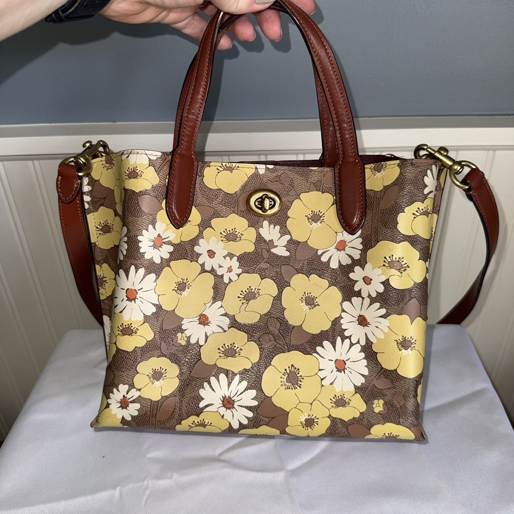 COACH Willow Leather Floral Tote Bag Purse Brown Yellow Crossbody Handbag